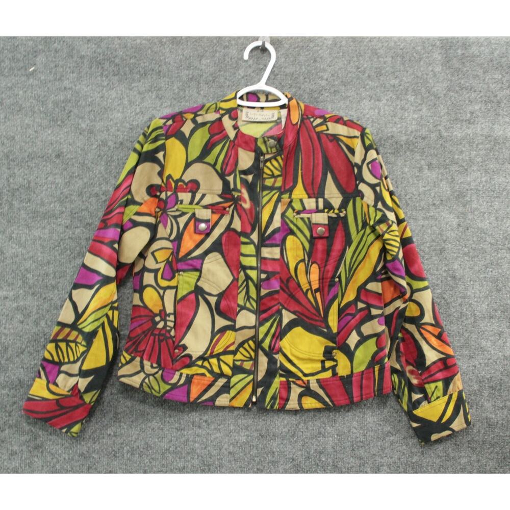 Life Style Womens Medium Retro Trucker Jacket Multicolor Floral Full‎ Zip Cotton